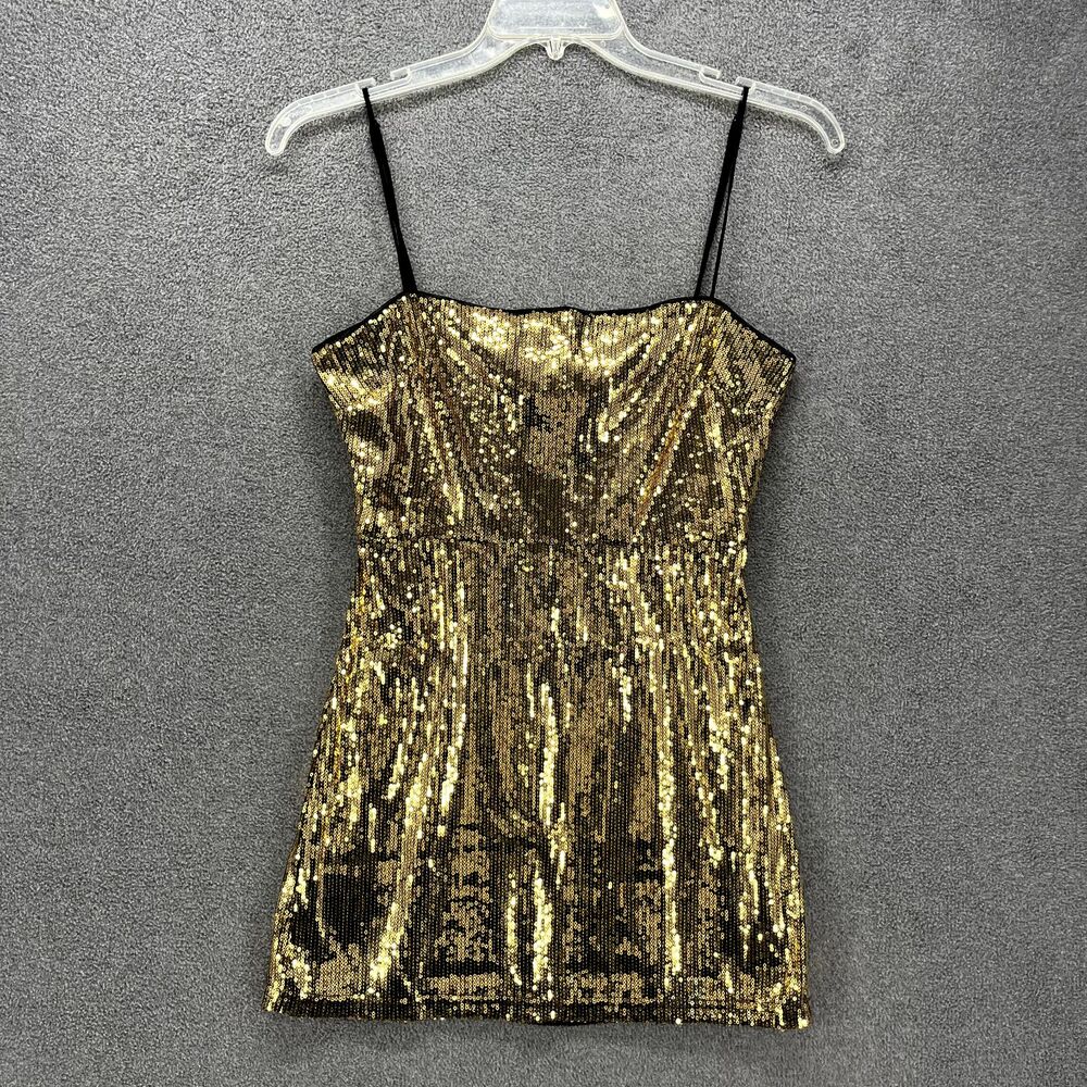 URBAN OUTFITTERS Dress womens Medium Gold‎ Sequin Mini Spaghetti Straps Zipper